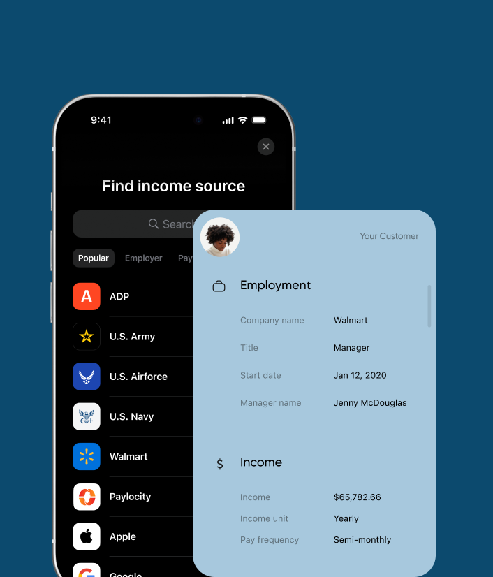 Phone with employment and income data on blue
